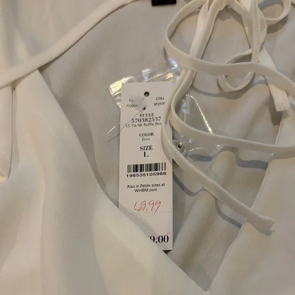 Elegant White House Black Market White Ruffle, tie @ neck Women's Blouse - Picture 2 of 7